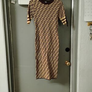 Fendi Brown and Black Patterned Long Sleeve Dress